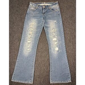 Premiere Distressed Flare Jeans Womens 3/4 Medium Wash Paint Splatter Low Rise